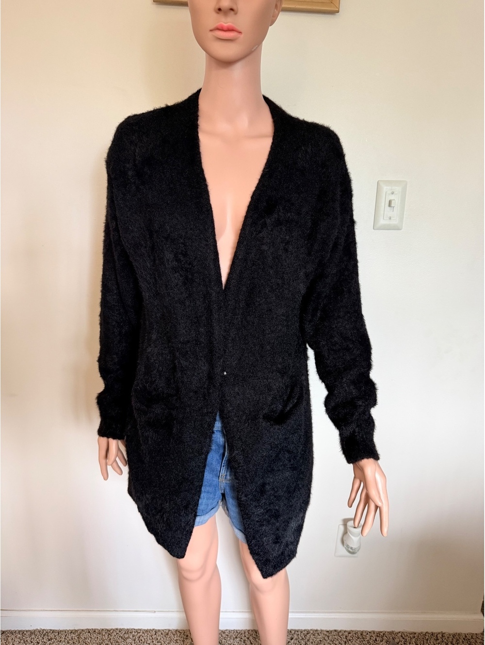 Cozy Black Open Front Fuzzy Cardigan Sweater Size Large
